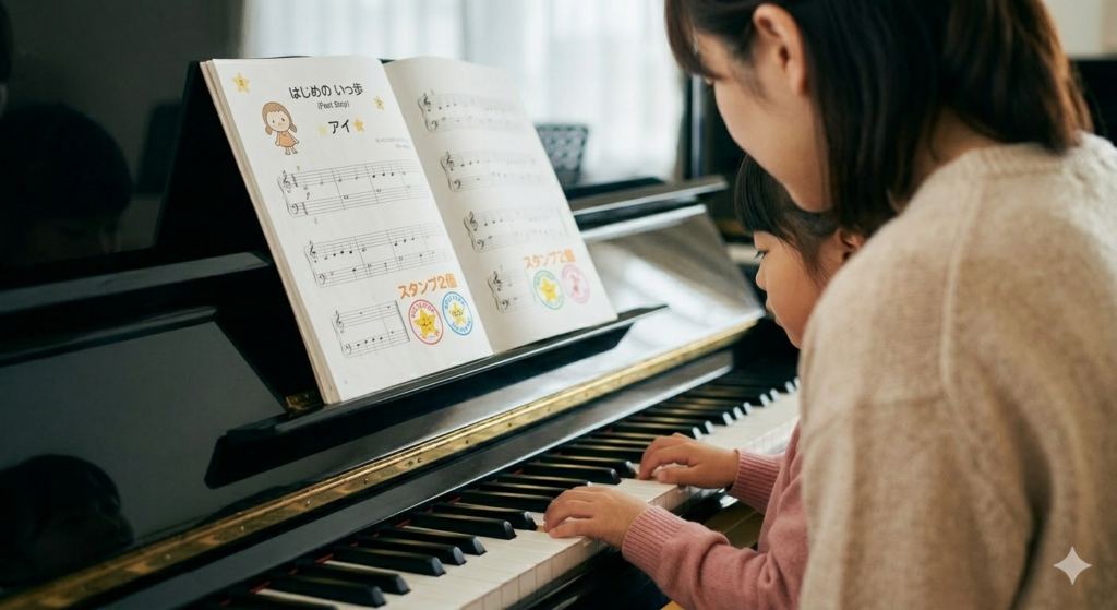 「ピアノの前に座り、母に見守られながら自力で楽譜を読み取ろうとする子供。初見演奏による自立と脳トレをイメージした写真」