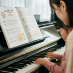 「ピアノの前に座り、母に見守られながら自力で楽譜を読み取ろうとする子供。初見演奏による自立と脳トレをイメージした写真」