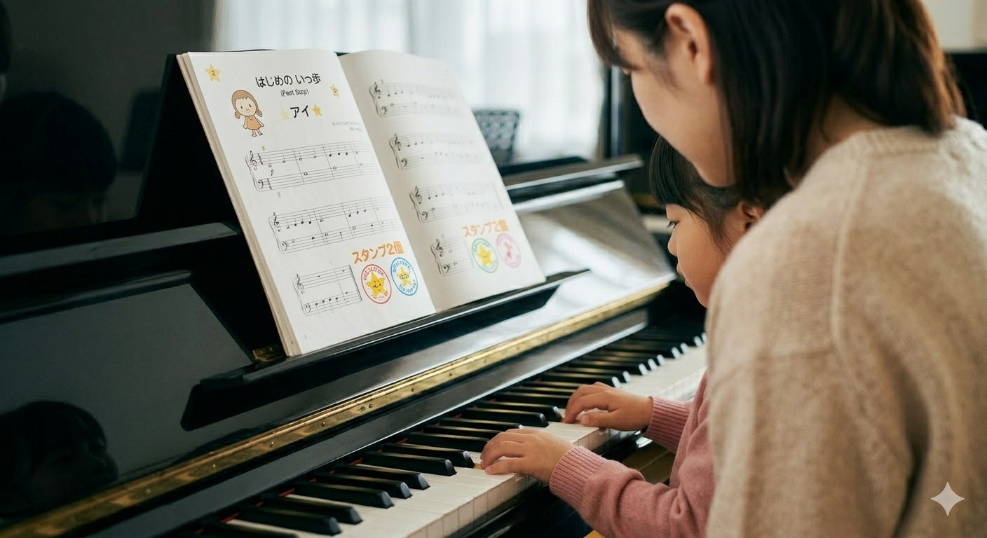 「ピアノの前に座り、母に見守られながら自力で楽譜を読み取ろうとする子供。初見演奏による自立と脳トレをイメージした写真」